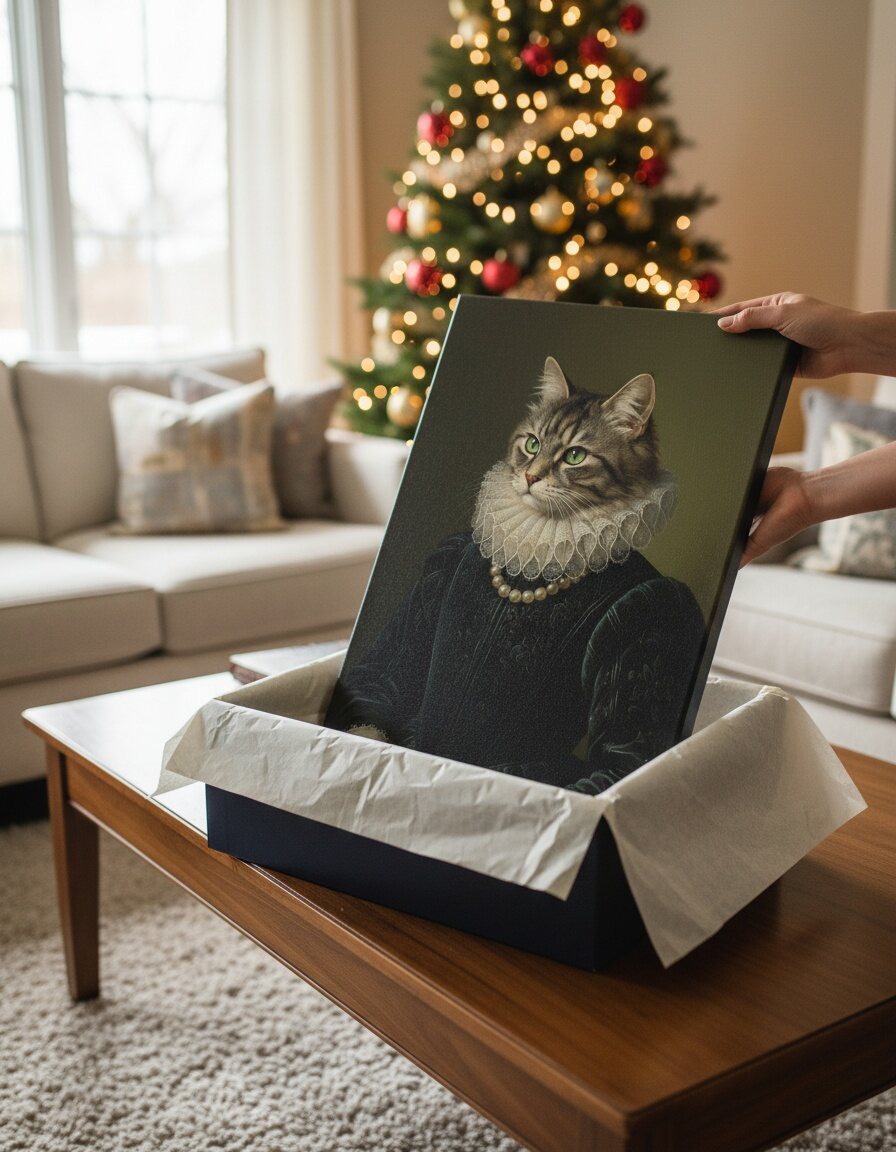 A cat portrait on canvas being lifted out of a gift box in front of a Christmas tree