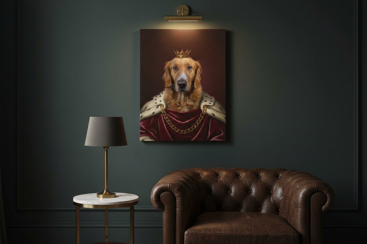 A royal portrait of a Golden Retriever on canvas, lit by a brass picture light in an elegant dark room