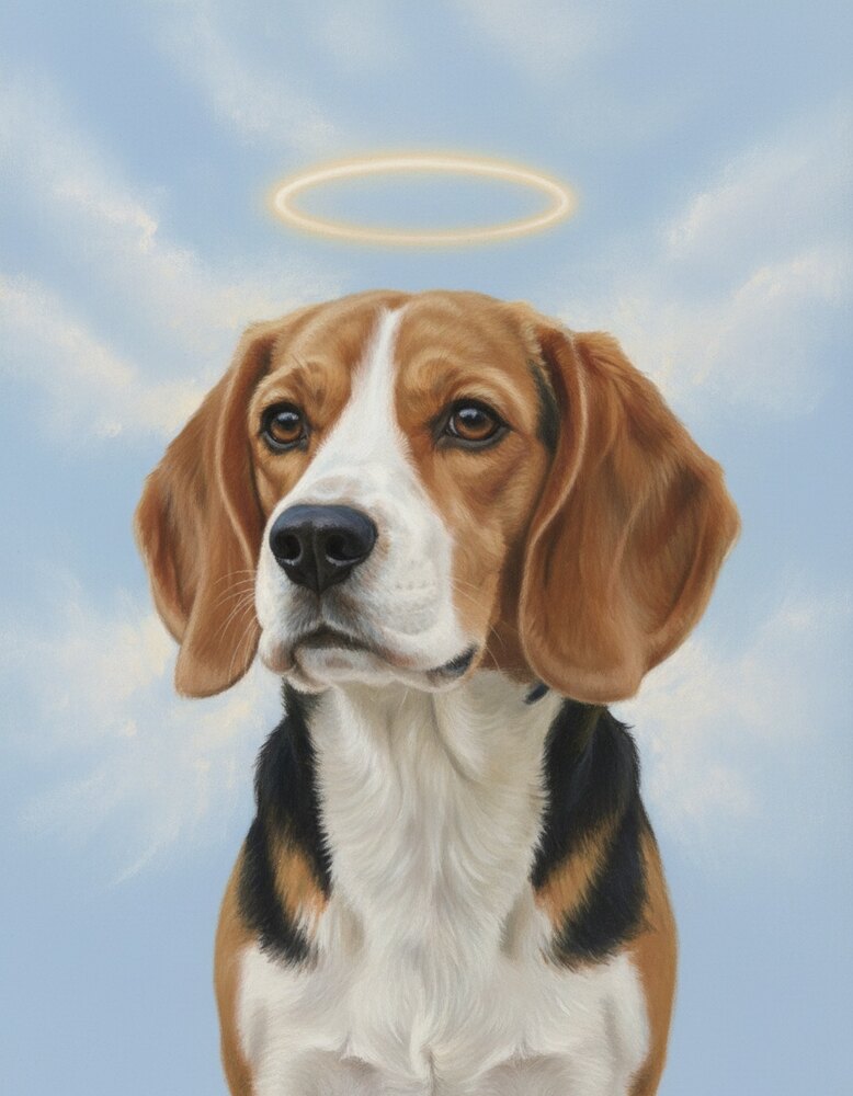 Memorial portrait of a Beagle with a soft sky and a gentle halo