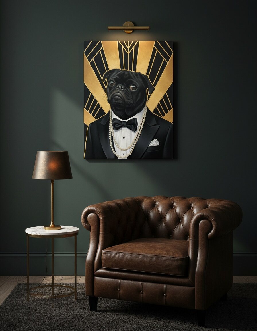 Gatsby-style portrait of a Pug on canvas under a brass picture light