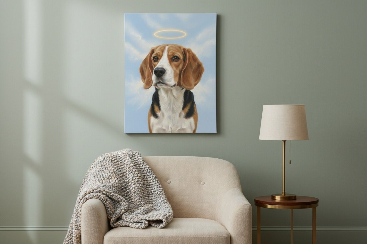 Memorial portrait of a Beagle on canvas above an armchair
