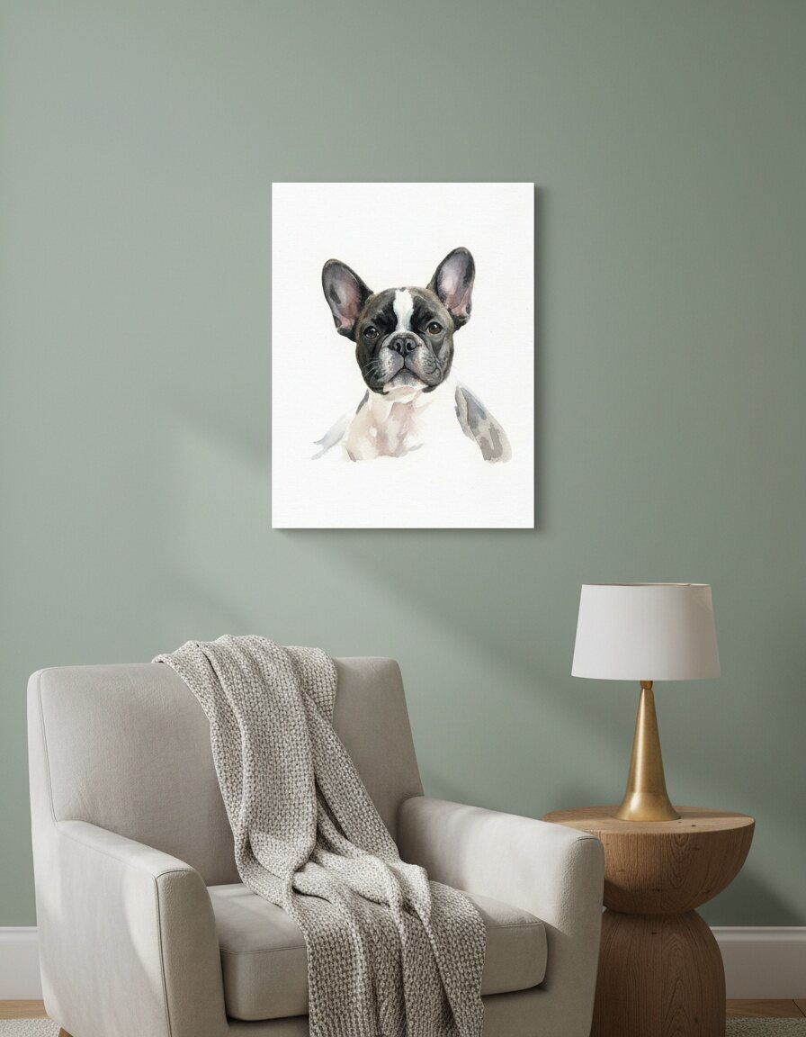 Watercolor portrait of a French Bulldog on canvas above a reading chair