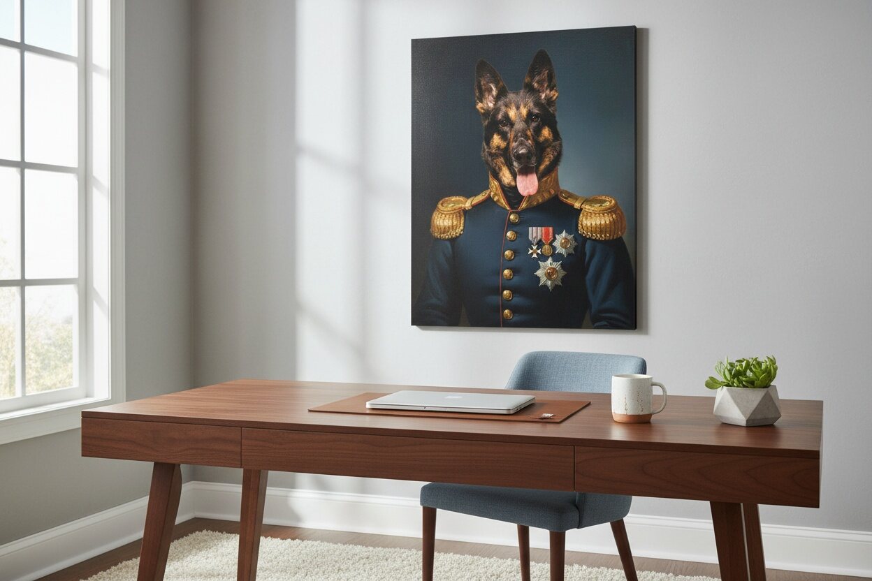 General-style portrait of a German Shepherd on canvas in a home office