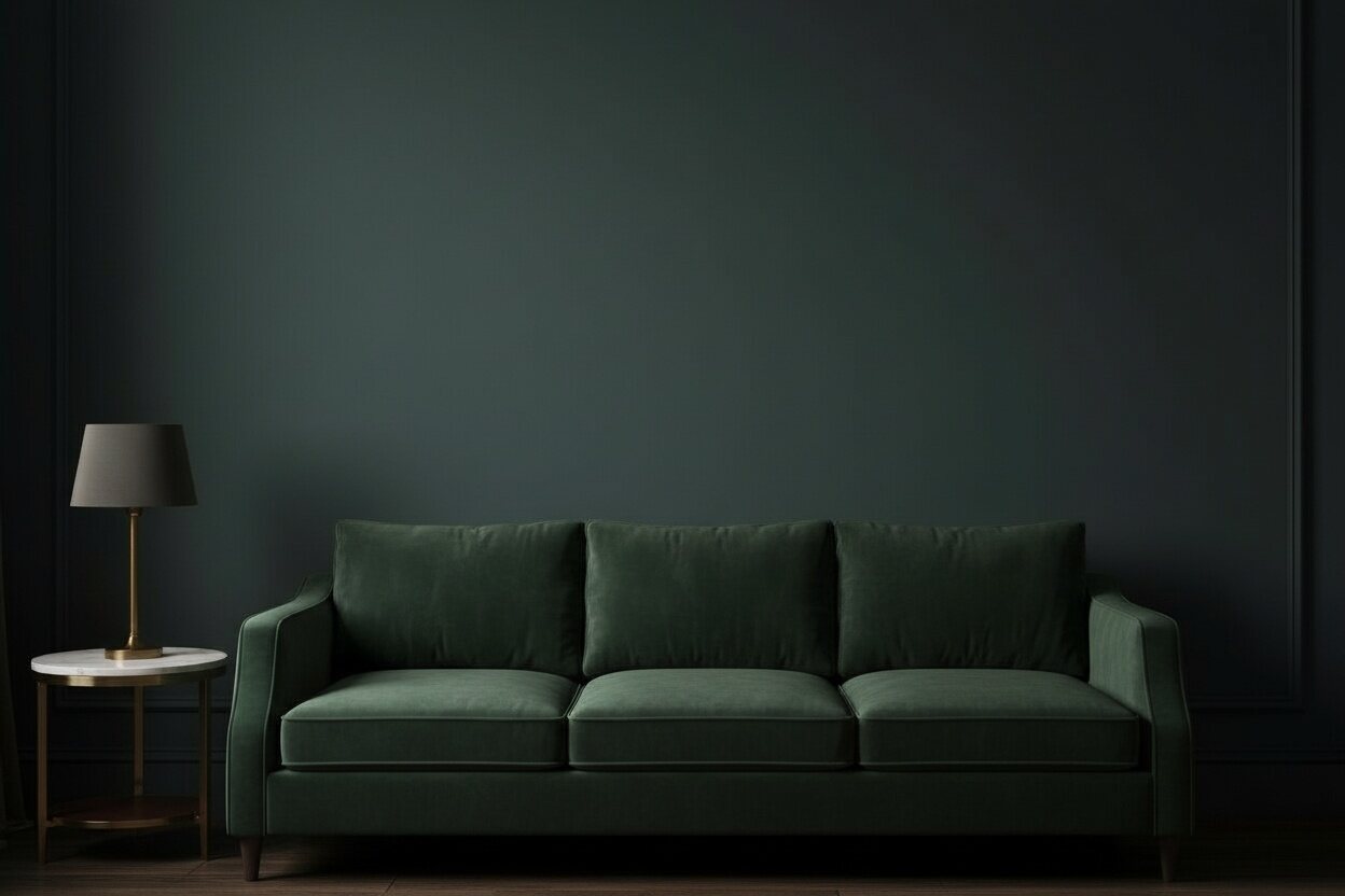 Living room wall above a green velvet sofa